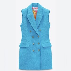 Zara Women's Turquoise Vest with Gold Buttons Tweed S